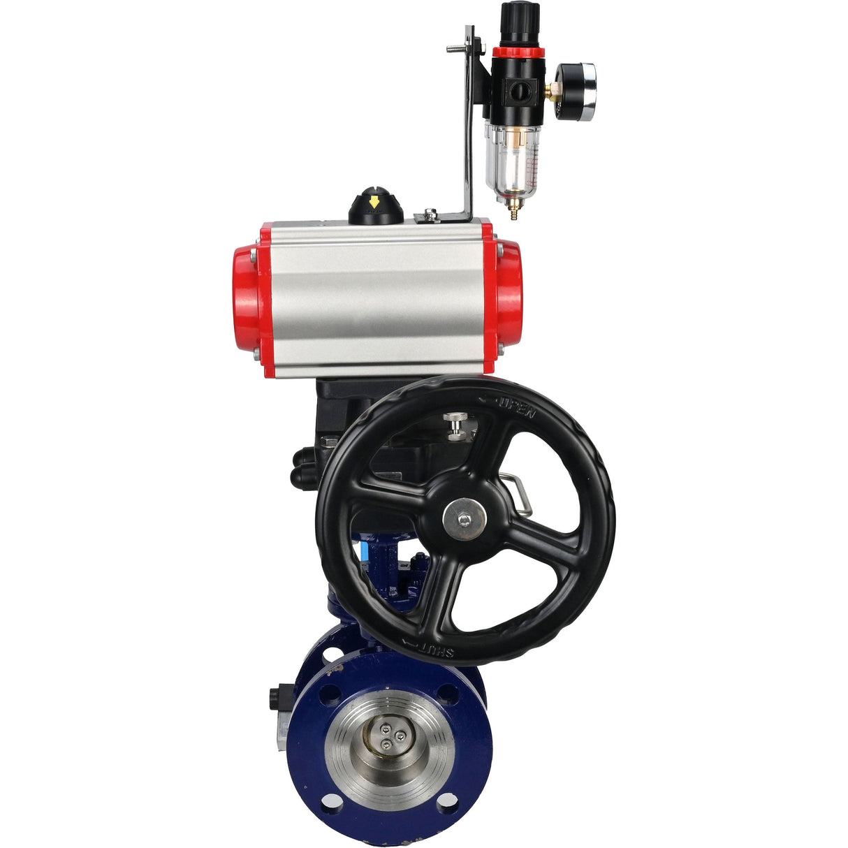 Vanne papillon d'eau Elephant WBV3EX-3431M-1W-F-ISO, matériau du corps - Acier au carbone, matériau du disque - Acier inoxydable AISI 304, joint - Métal, actionneur pneumatique PA-DA double action, volant manuel 4V320-10 220V MON, BPV AFC2000