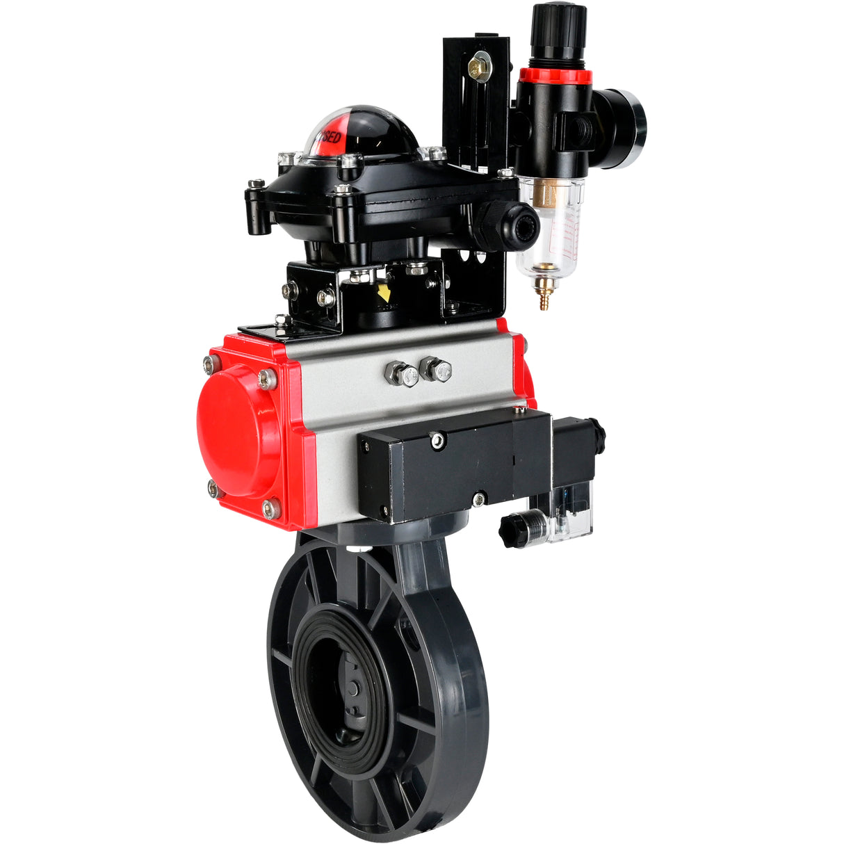 Butterfly valves Elephant WBV4242E-2W-Fb-ISO, body material - UPVC, disc material - UPVC, seal - EPDM, with pneumatic actuator double action PA-DA, pneumatic distributor 4M310-08 24V, LSU APL-210N and ATU AFC2000