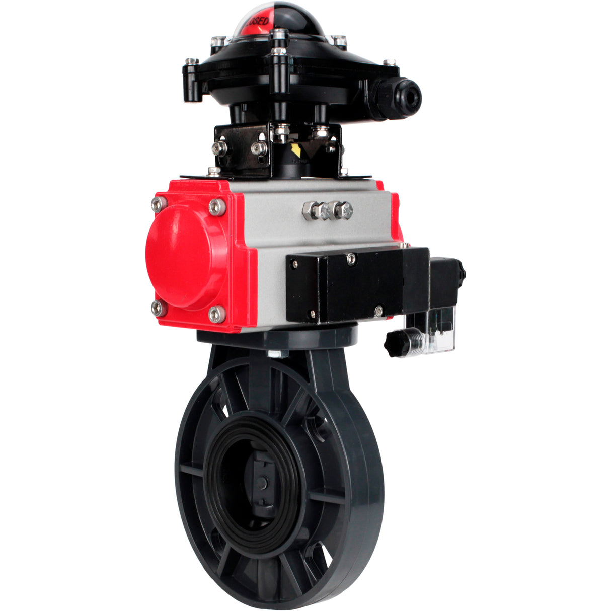Butterfly valves Elephant WBV4242E-2W-Fb-ISO, body material - UPVC, disc material - UPVC, seal - EPDM, with pneumatic actuator double action PA-DA, pneumatic distributor 4M310-08 220V and LSU APL-210N