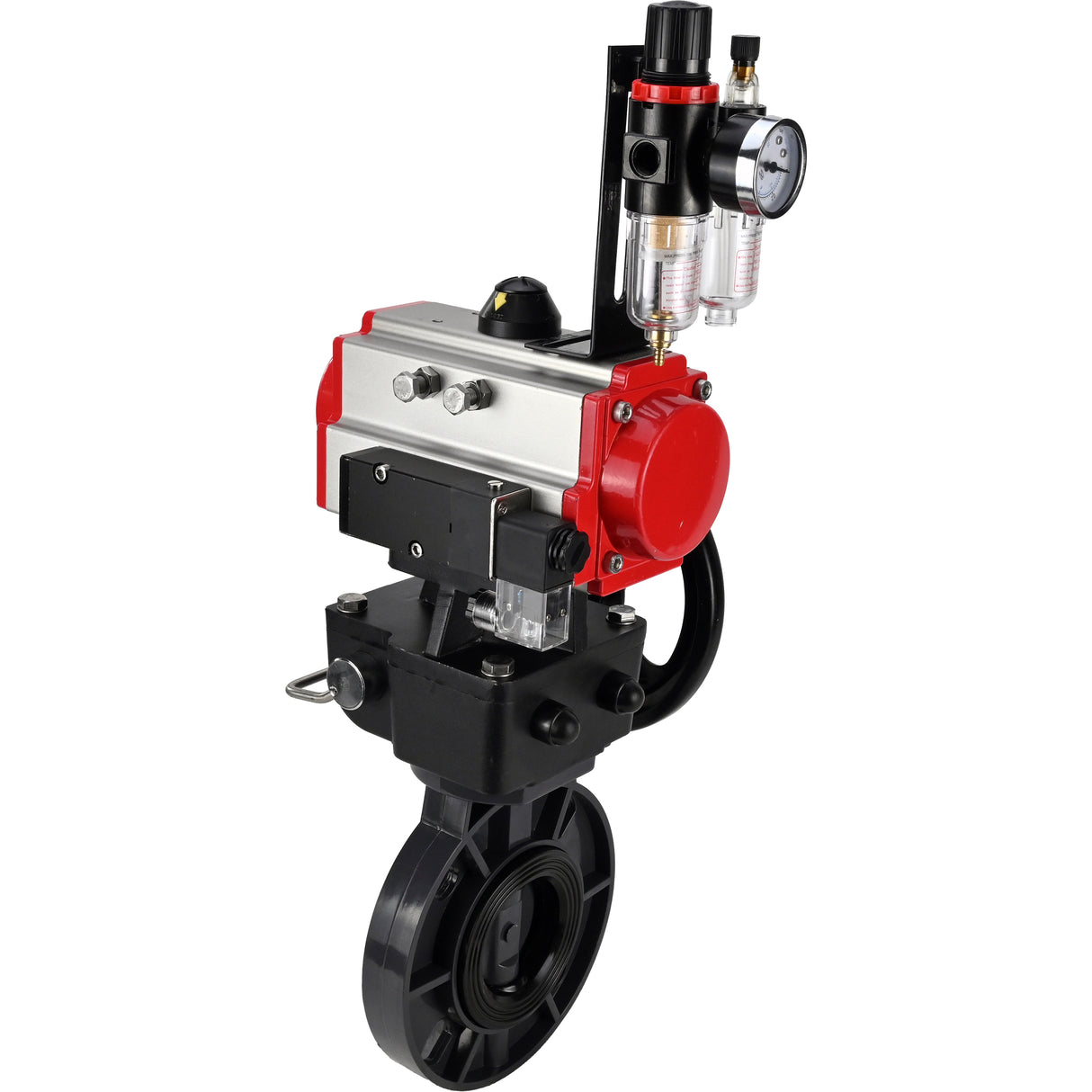 Butterfly valves Elephant WBV4242E-2W-Fb-ISO, body material - UPVC, disc material - UPVC, seal - EPDM, with pneumatic actuator double action PA-DA, pneumatic distributor 4M310-08 24V, ATU AFC2000 and handwheel MON