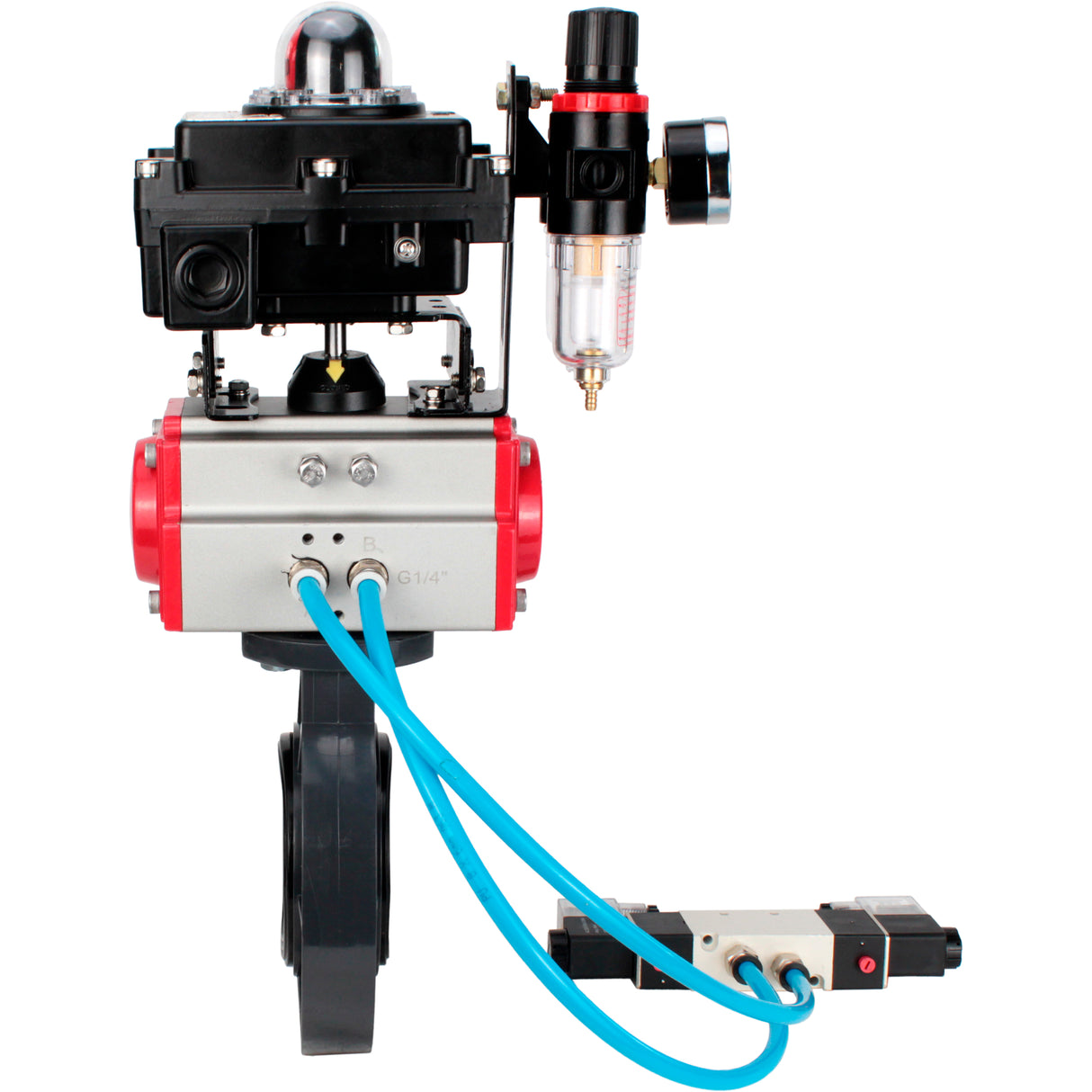 Butterfly valves Elephant WBV4242E-2W-Fb-ISO, body material - UPVC, disc material - UPVC, seal - EPDM, with pneumatic actuator double action PA-DA, pneumatic distributor 4V320-08 220V, LSU APL-410N EX and ATU AFC2000