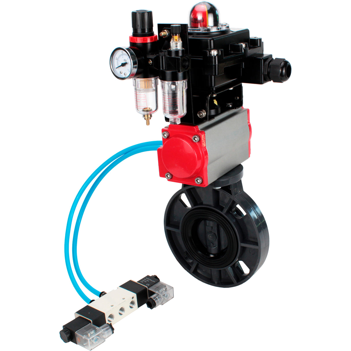 Butterfly valves Elephant WBV4242E-2W-Fb-ISO, body material - UPVC, disc material - UPVC, seal - EPDM, with pneumatic actuator double action PA-DA, pneumatic distributor 4V320-08 220V, LSU APL-410N EX and ATU AFC2000