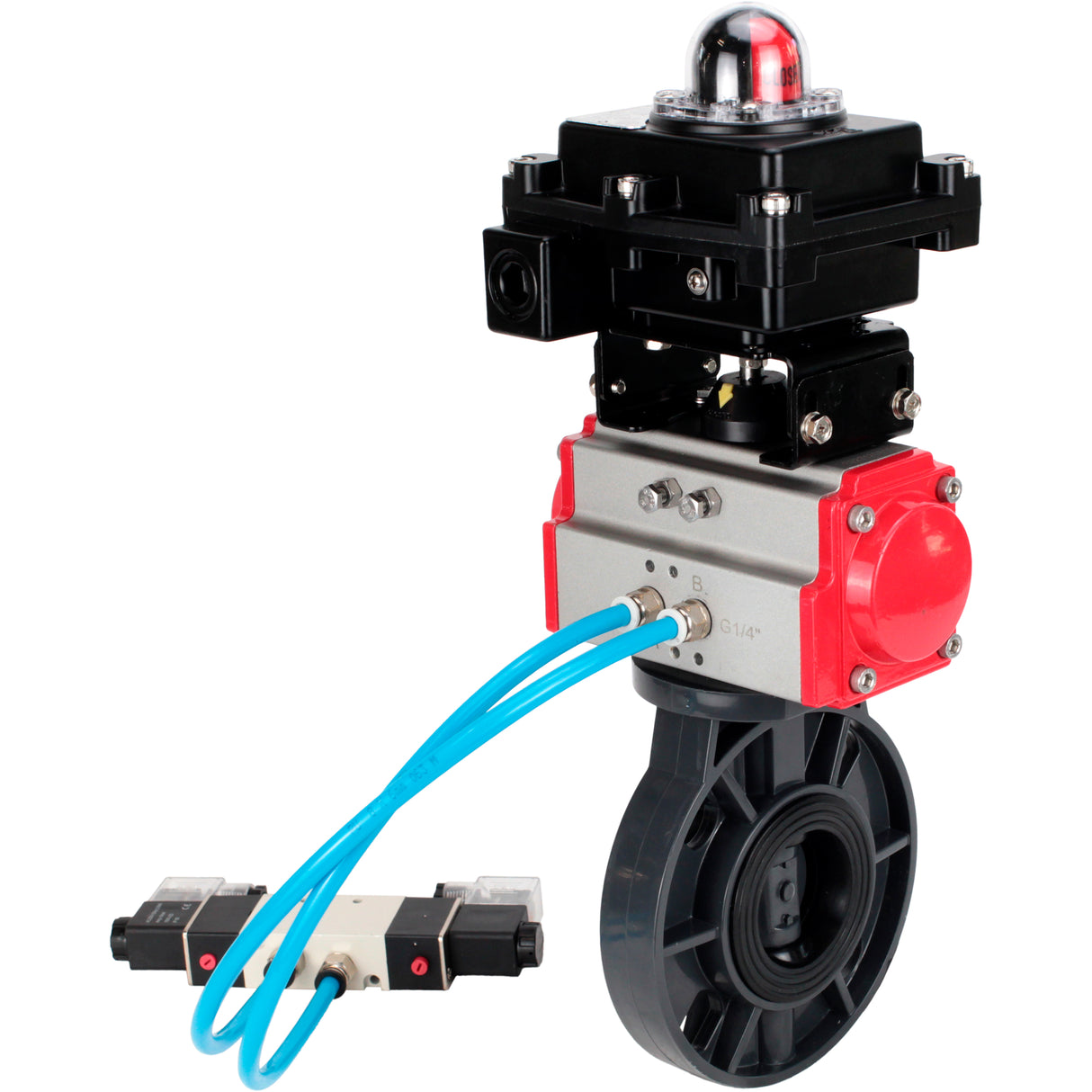 Butterfly valves Elephant WBV4242E-2W-Fb-ISO, body material - UPVC, disc material - UPVC, seal - EPDM, with pneumatic actuator double action PA-DA, pneumatic distributor 4V320-08 220V and LSU APL-410N EX