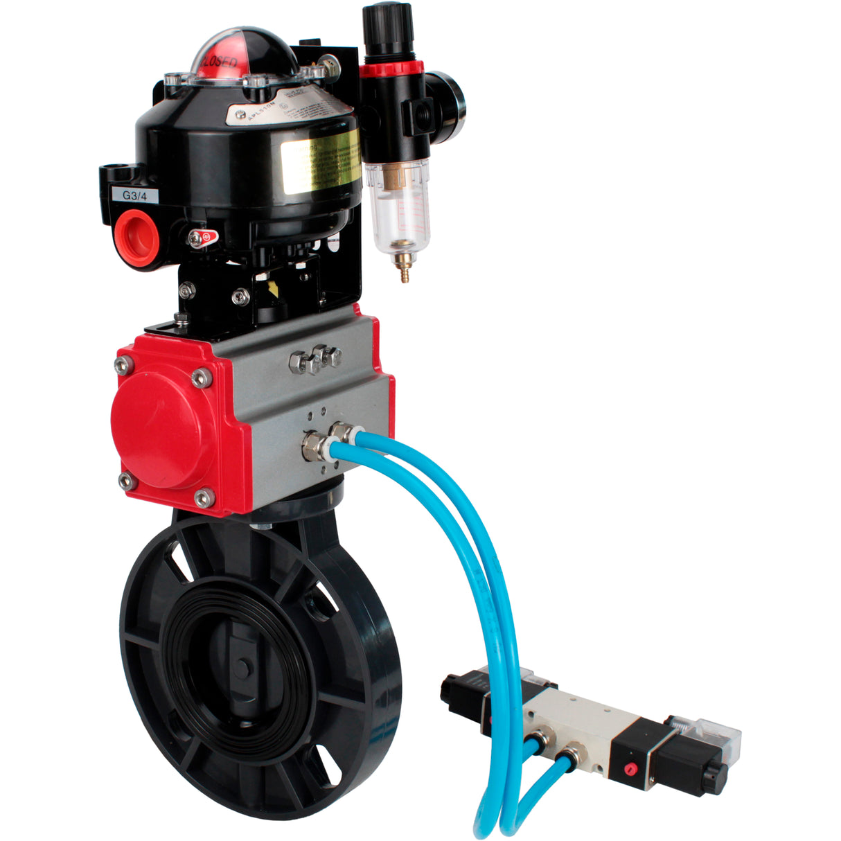 Butterfly valves Elephant WBV4242E-2W-Fb-ISO, body material - UPVC, disc material - UPVC, seal - EPDM, with pneumatic actuator double action PA-DA, pneumatic distributor 4V320-10 220V, LSU APL-510N EX and ATU AFC2000