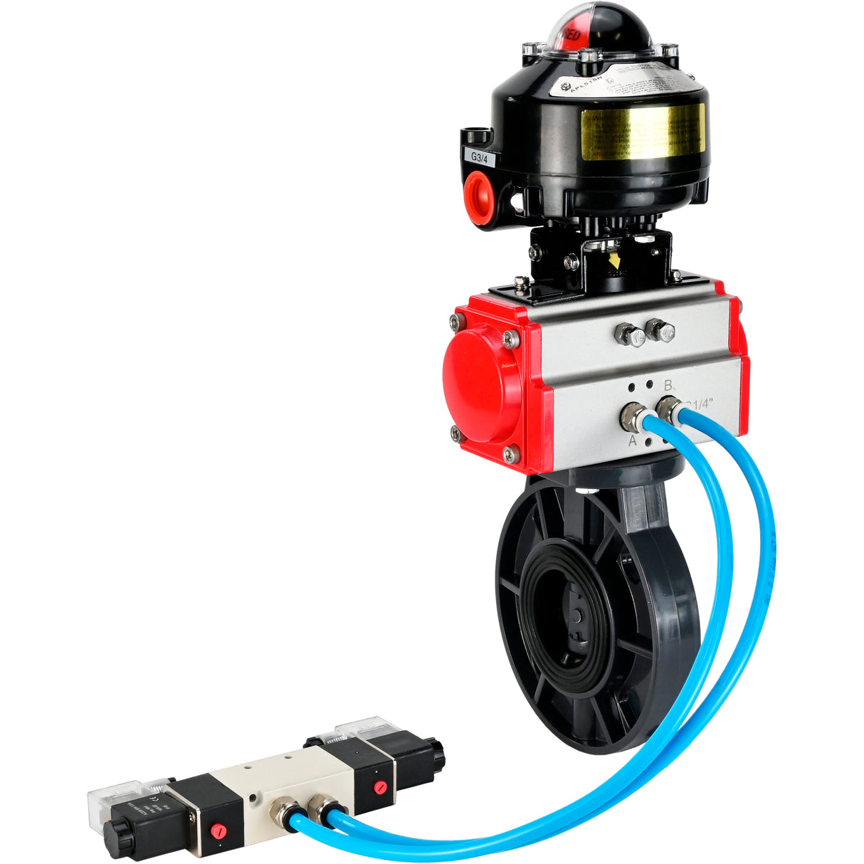 Butterfly valves Elephant WBV4242E-2W-Fb-ISO, body material - UPVC, disc material - UPVC, seal - EPDM, with pneumatic actuator double action PA-DA, pneumatic distributor 4V320-08 220V and LSU APL-510N EX