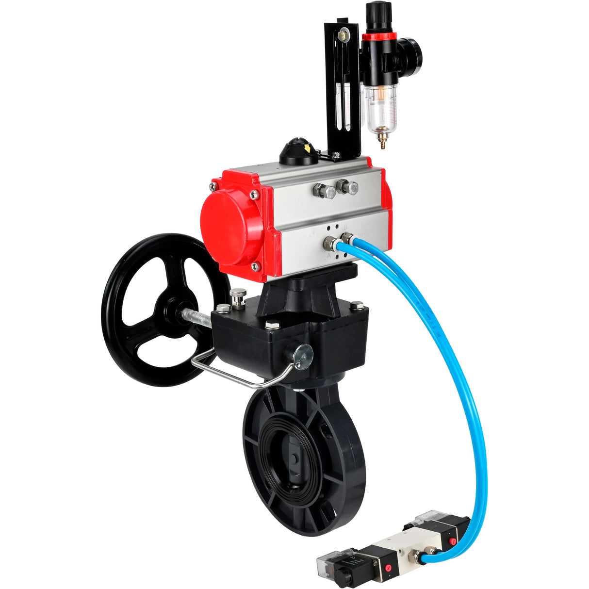 Butterfly valves Elephant WBV4242E-2W-Fb-ISO, body material - UPVC, disc material - UPVC, seal - EPDM, with pneumatic actuator double action PA-DA, pneumatic distributor 4V320-10 220V, ATU AFC2000 and handwheel MON