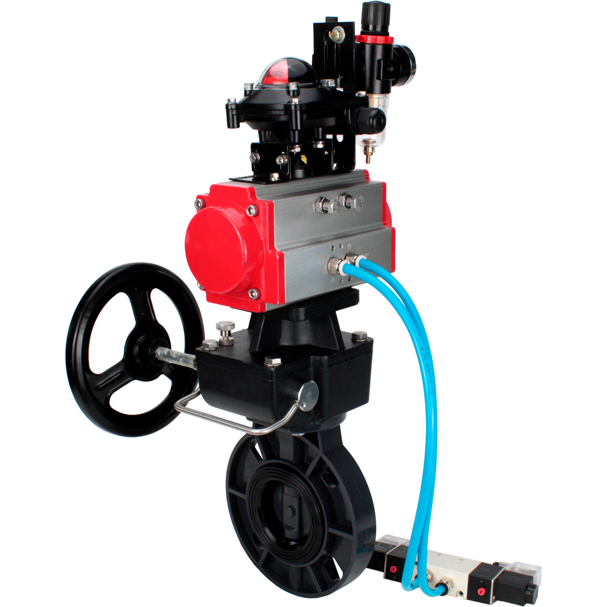 Butterfly valves Elephant WBV4242E-2W-Fb-ISO, body material - UPVC, disc material - UPVC, seal - EPDM, with pneumatic actuator double action PA-DA, pneumatic distributor 4V320-10 220V, LSU APL-210N, ATU AFC2000 and handwheel MON