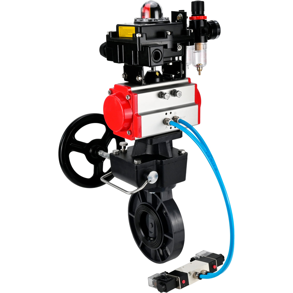 Butterfly valves Elephant WBV4242E-2W-Fb-ISO, body material - UPVC, disc material - UPVC, seal - EPDM, with pneumatic actuator double action PA-DA, pneumatic distributor 4V320-10 220V, LSU APL-410N EX, ATU AFC2000 and handwheel MON
