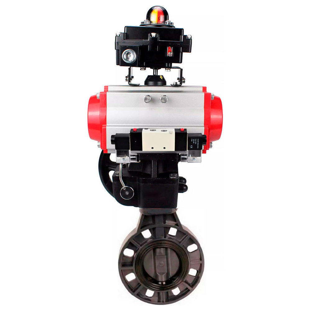 Butterfly valves Elephant WBV4242E-2W-Fb-ISO, body material - UPVC, disc material - UPVC, seal - EPDM, with pneumatic actuator double action PA-DA, pneumatic distributor 4V320-08 220V, LSU APL-410N EX and handwheel MON