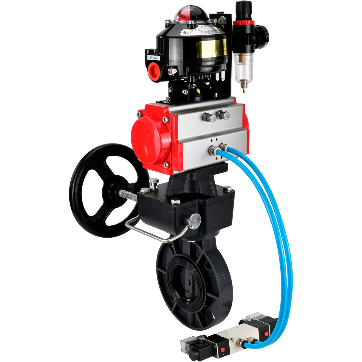 Butterfly valves Elephant WBV4242E-2W-Fb-ISO, body material - UPVC, disc material - UPVC, seal - EPDM, with pneumatic actuator double action PA-DA, pneumatic distributor 4V320-08 220V, LSU APL-510N EX, ATU AFC2000 and handwheel MON