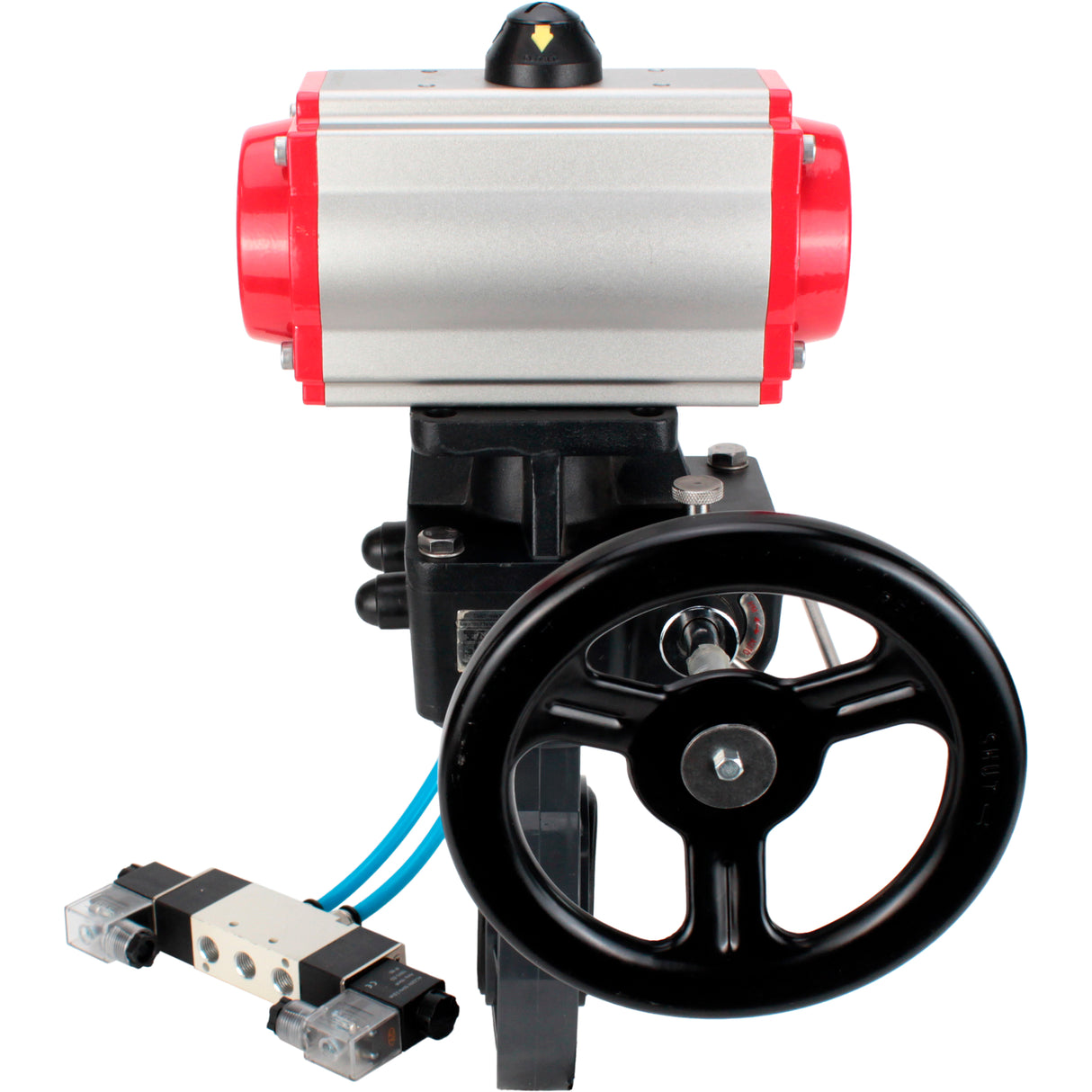 Butterfly valves Elephant WBV4242E-2W-Fb-ISO, body material - UPVC, disc material - UPVC, seal - EPDM, with pneumatic actuator double action PA-DA, pneumatic distributor 4V320-08 220V and handwheel MON