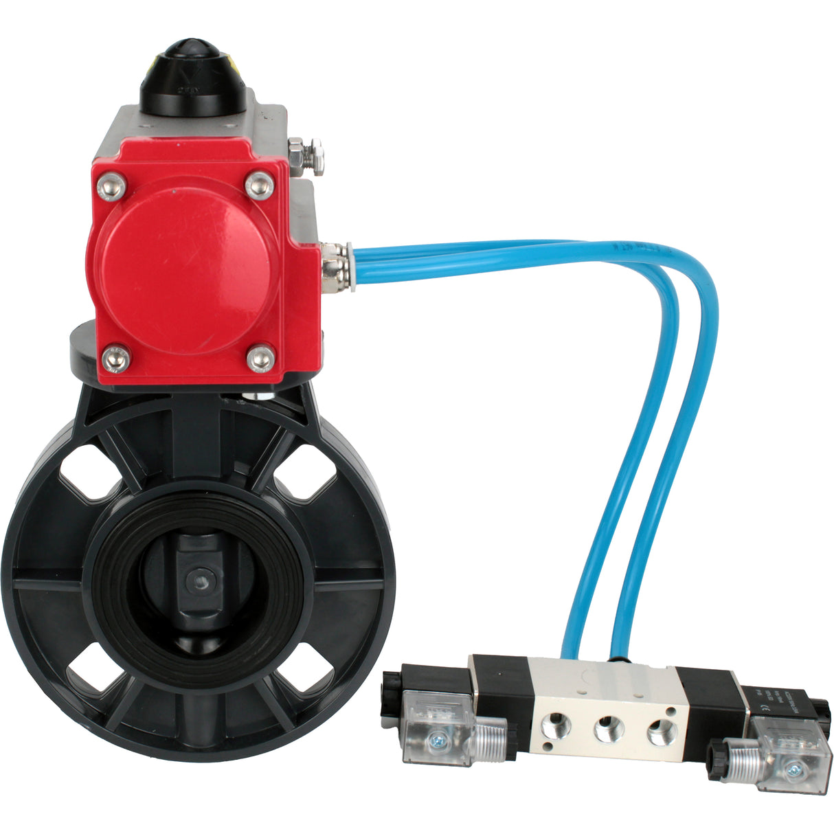 Butterfly valves Elephant WBV4242E-2W-Fb-ISO, body material - UPVC, disc material - UPVC, seal - EPDM, with pneumatic actuator double action PA-DA and pneumatic distributor 4V320-08 220V