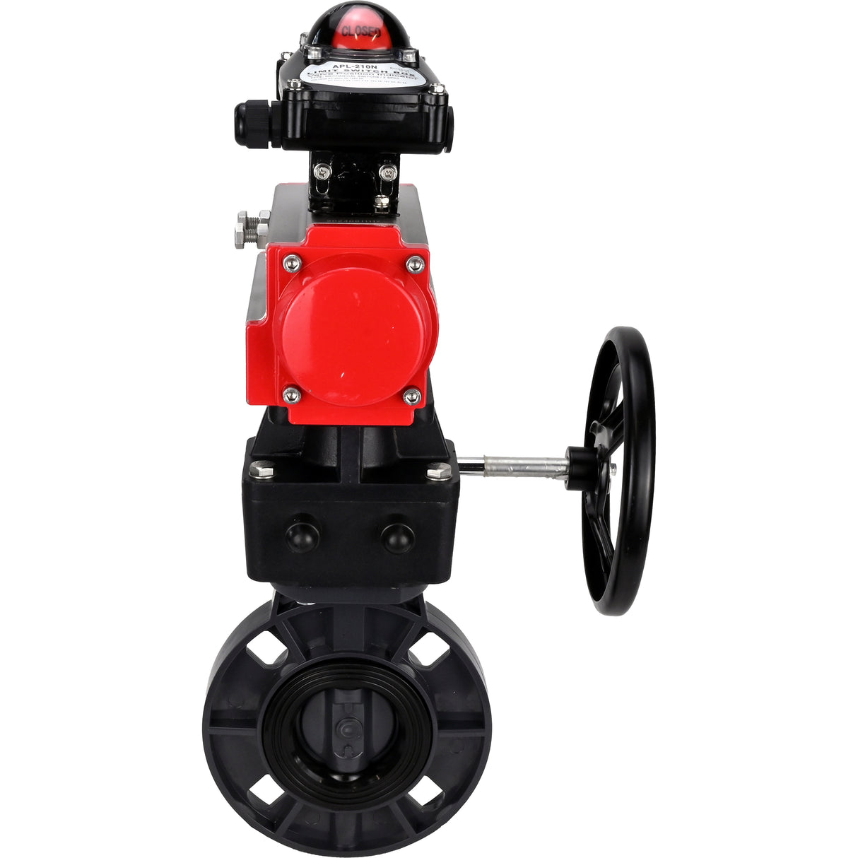 Butterfly valves Elephant WBV4242E-2W-Fb-ISO, body material - UPVC, disc material - UPVC, seal - EPDM, with pneumatic actuator double action PA-DA, LSU APL-210N and handwheel MON
