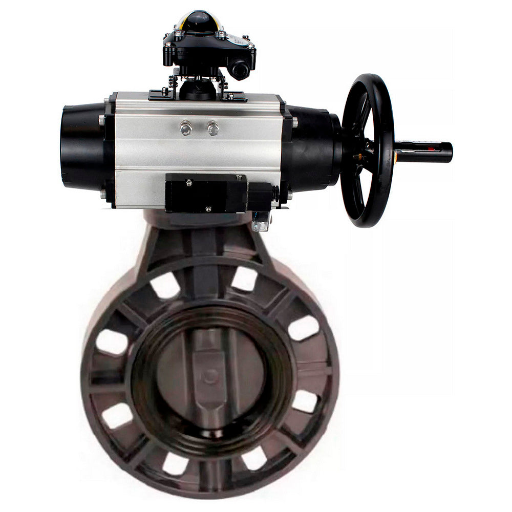 Butterfly valves Elephant WBV4242E-2W-Fb-ISO, body material - UPVC, disc material - UPVC, seal - EPDM, with pneumatic actuator double action PA-DA-105-1, pneumatic distributor 4M310-08 24V and LSU APL-210N