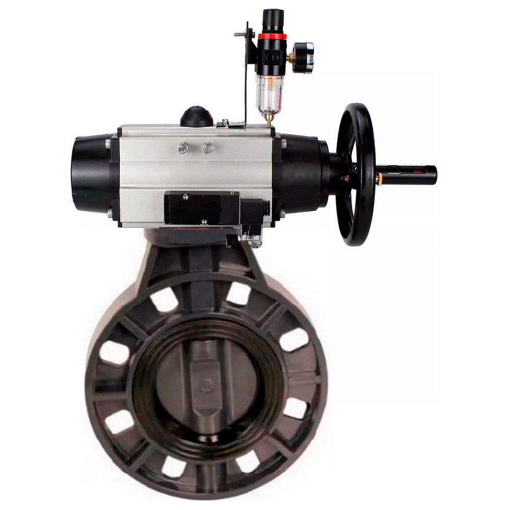 Butterfly valves Elephant WBV4242E-2W-Fb-ISO, body material - UPVC, disc material - UPVC, seal - EPDM, with pneumatic actuator double action PA-DA-105-1, pneumatic distributor 4M310-08 24V and ATU AFC2000