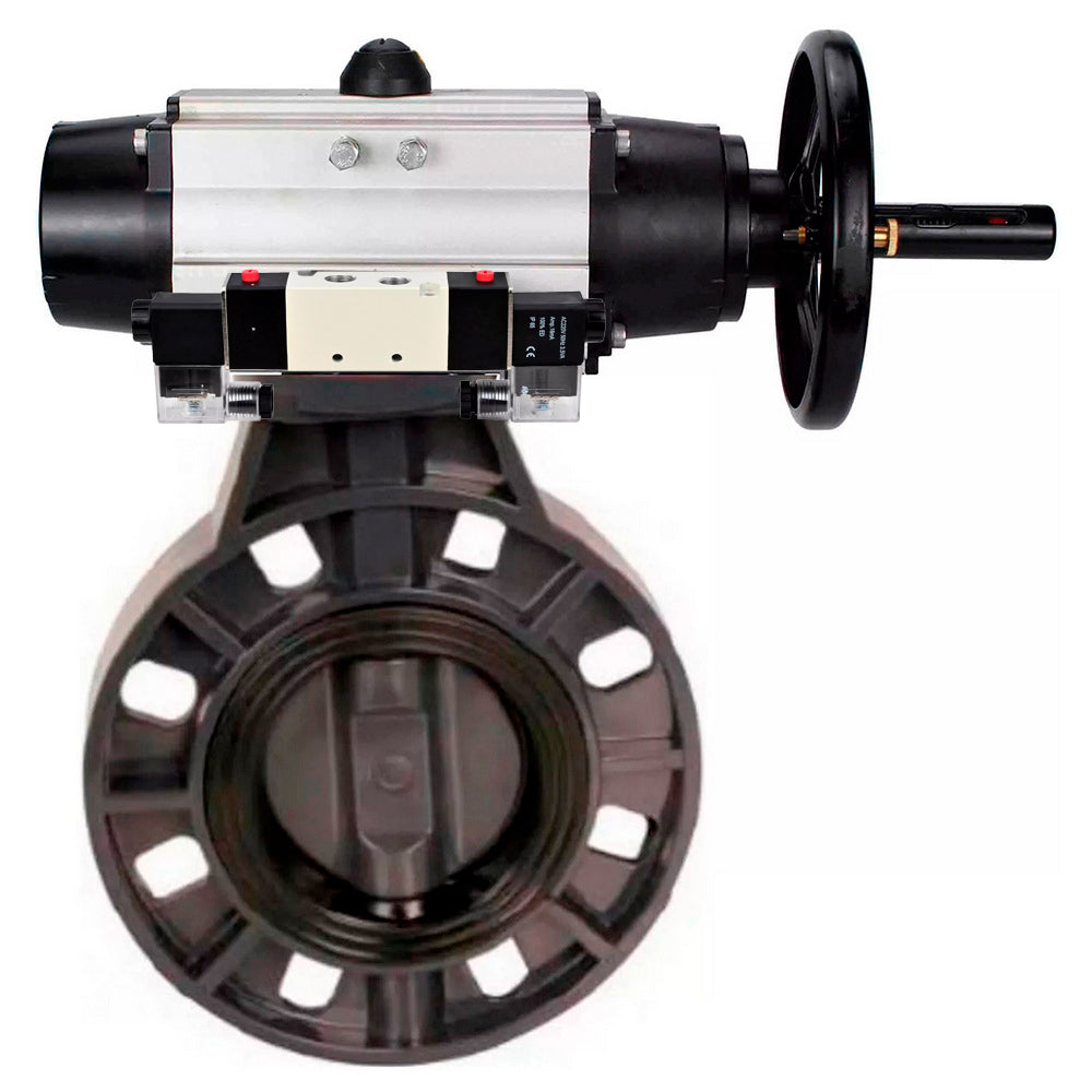 Butterfly valves Elephant WBV4242E-2W-Fb-ISO, body material - UPVC, disc material - UPVC, seal - EPDM, with pneumatic actuator double action PA-DA-105-1 and pneumatic distributor 4V320-08 220V
