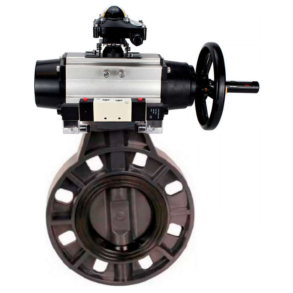 Butterfly valves Elephant WBV4242E-2W-Fb-ISO, body material - UPVC, disc material - UPVC, seal - EPDM, with pneumatic actuator double action PA-DA-105-1, pneumatic distributor 4V320-08 220V and LSU APL-410N EX