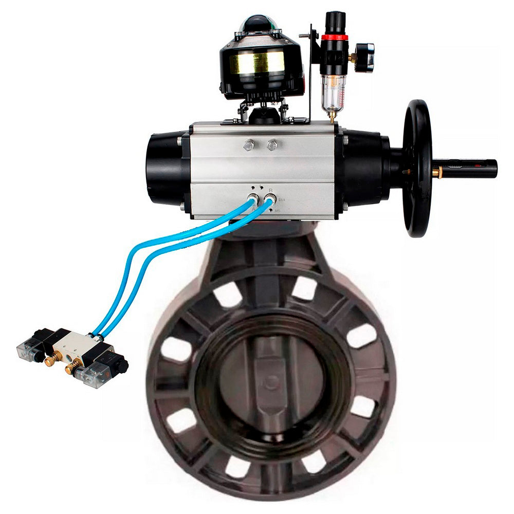 Butterfly valves Elephant WBV4242E-2W-Fb-ISO, body material - UPVC, disc material - UPVC, seal - EPDM, with pneumatic actuator double action PA-DA-105-1, pneumatic distributor 4V320-10 220V, LSU APL-510N EX and ATU AFC2000