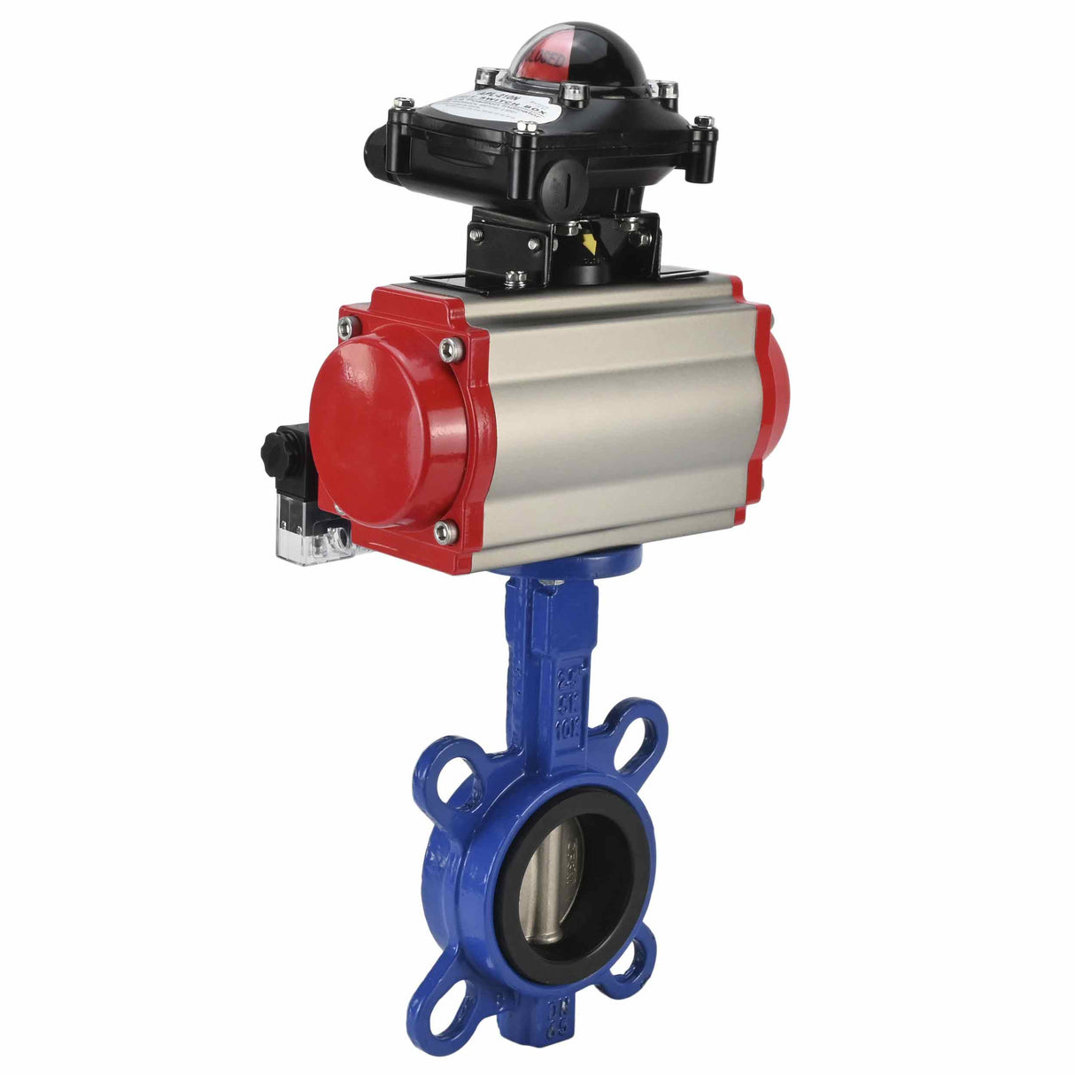 Vanne papillon d'eau Elephant WBV1332N-2W-Fb-H matériau du corps - Fonte GGG50, matériau du disque - Acier inoxydable 316L, joint - NBR avec actionneur pneumatique DA, distributeur pneumatique 4M310-08 220V et bloc d'interrupteur de fin de course APL-210N