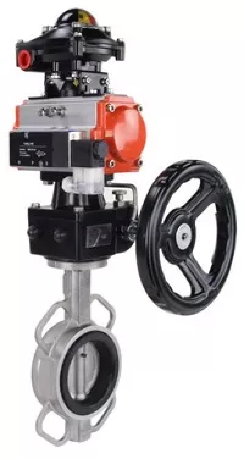 Vanne papillon d'eau Elephant WBV3232V-2W-Fb-H, matériau du corps - acier inoxydable AISI 316L, matériau du disque - acier inoxydable AISI 316L, joint - Viton, avec actionneur pneumatique double effet PA-DA, 4V320-08 220V, volant MON, BKV APL-210N