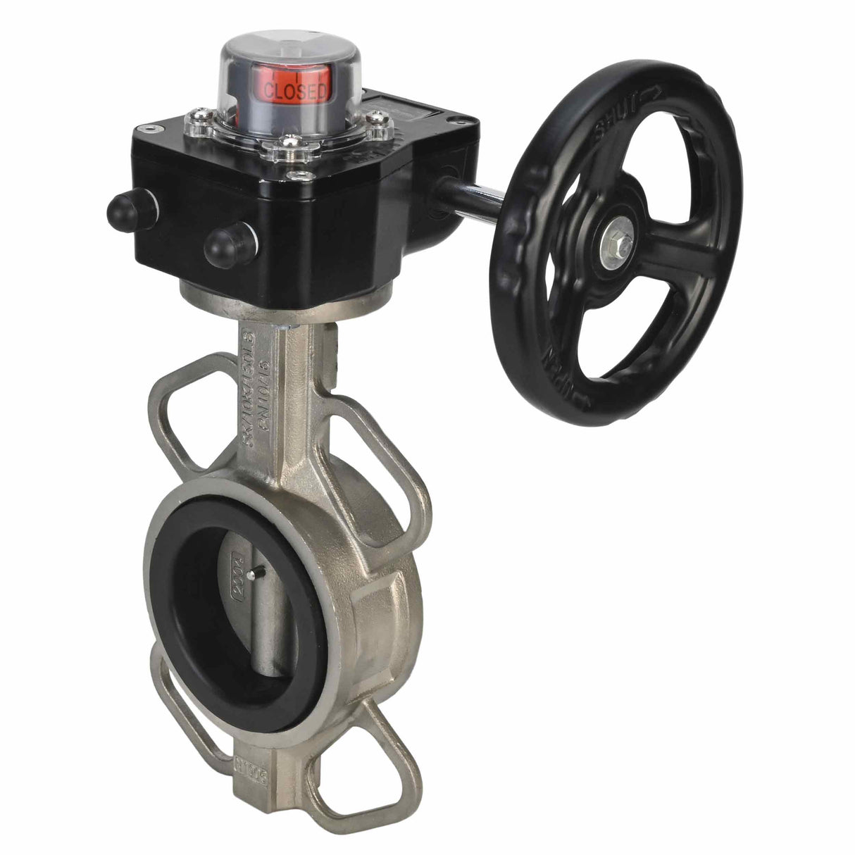 Válvula de mariposa de agua Elephant 316L-316L-VITON, material del cuerpo - acero inoxidable AISI 316L, material del disco - acero inoxidable AISI 316L, junta - Viton con engranaje Elephant HGB, con indicador de posición