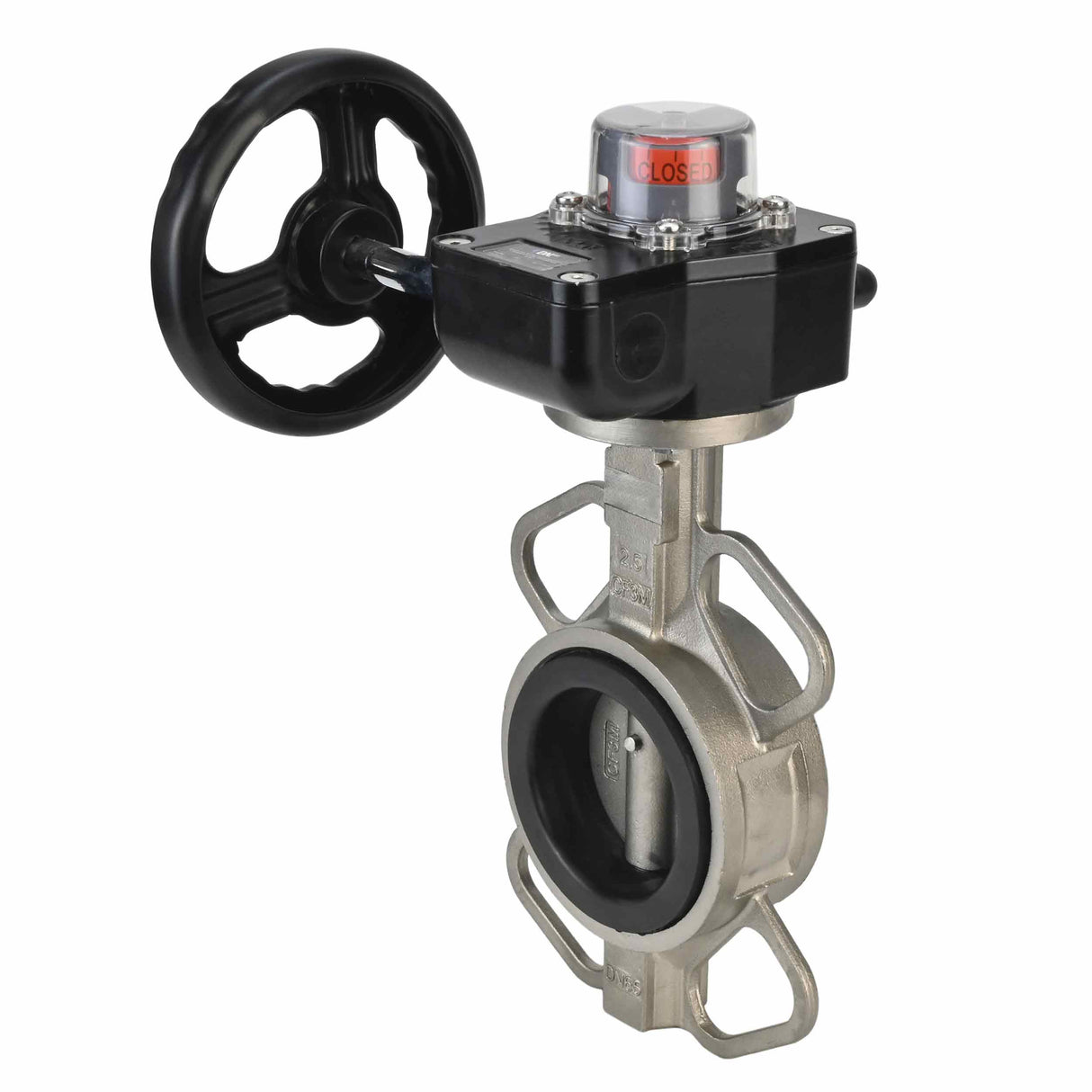 Válvula de mariposa de agua Elephant 316L-316L-VITON, material del cuerpo - acero inoxidable AISI 316L, material del disco - acero inoxidable AISI 316L, junta - Viton con engranaje Elephant HGB, con indicador de posición