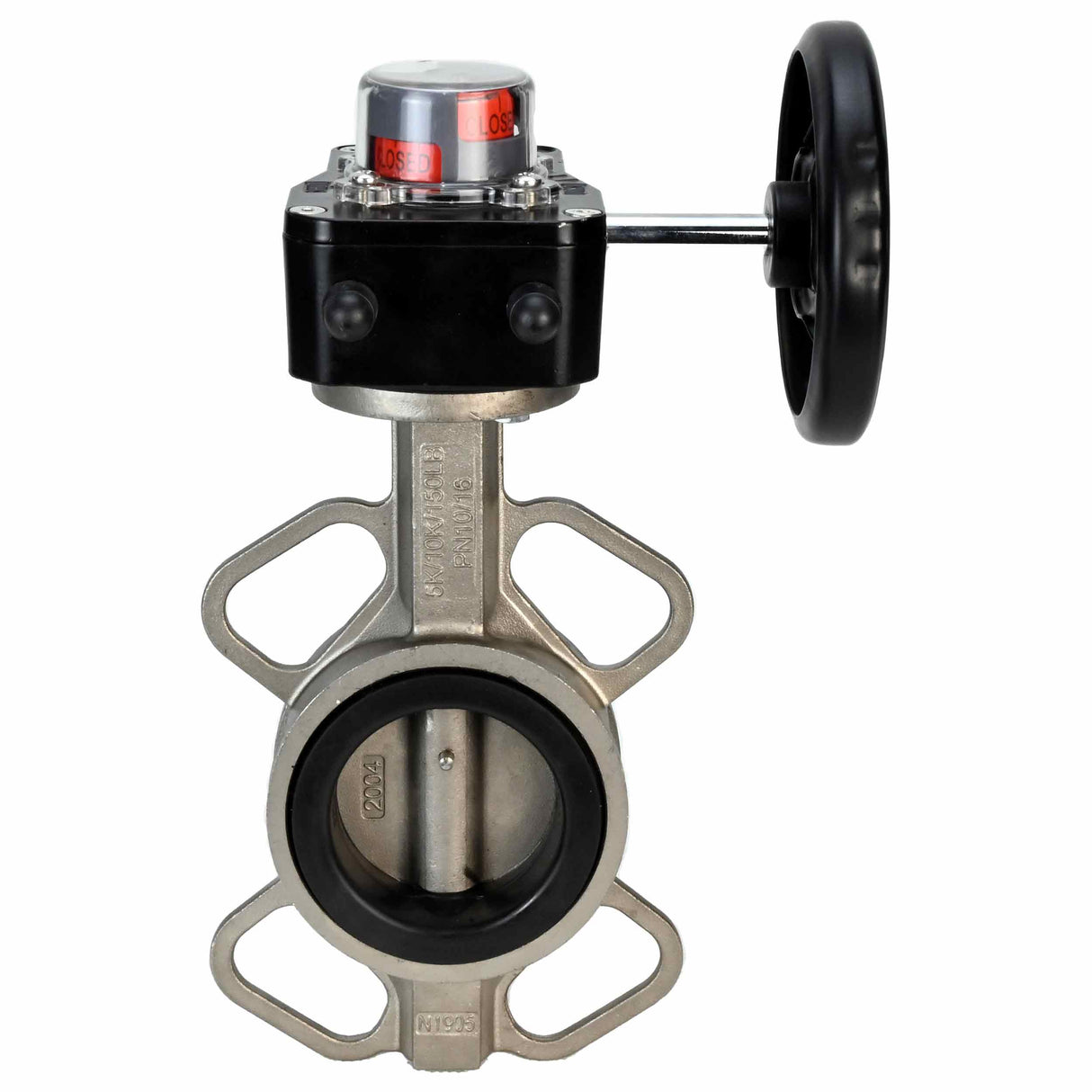 Válvula de mariposa de agua Elephant 316L-316L-VITON, material del cuerpo - acero inoxidable AISI 316L, material del disco - acero inoxidable AISI 316L, junta - Viton con engranaje Elephant HGB, con indicador de posición