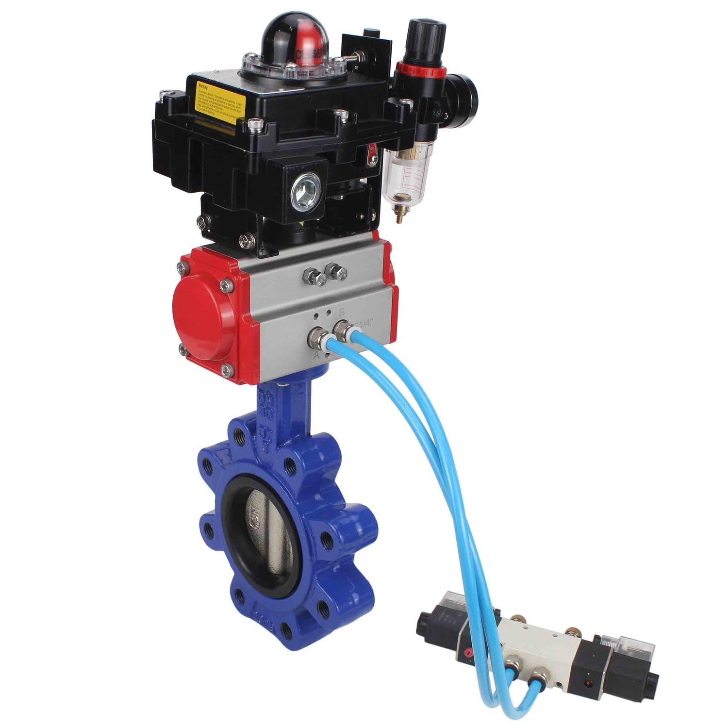 Vanne papillon d'eau Elephant WBV1616E-2W-Fb-H, matériau du corps - fonte QT450, matériau du disque - fonte QT450, joint - EPDM, actionneur pneumatique PA-DA double action, 4V320-08 220V, BKV APL-410N EX BPV AFC2000