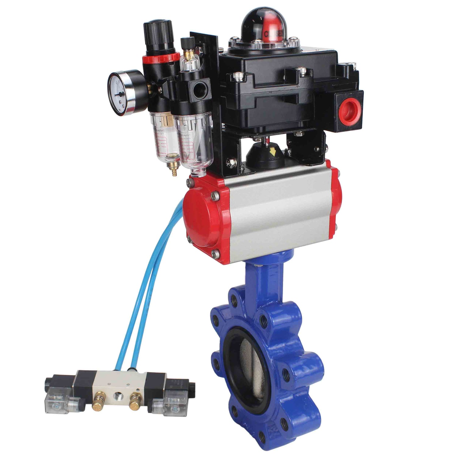 Vanne papillon d'eau Elephant WBV1616E-2W-Fb-H, matériau du corps - fonte QT450, matériau du disque - fonte QT450, joint - EPDM, actionneur pneumatique PA-DA double action, 4V320-10 220V, BKV APL-410N EX BPV AFC2000