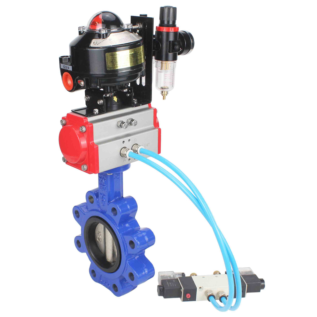 Vanne papillon d'eau Elephant WBV1616N-2W-Fb-H, matériau du corps - fonte QT450, matériau du disque - fonte QT450, joint - NBR, actionneur pneumatique PA-SA avec ressorts de rappel, 4V320-08 220V, BKV APL-510N EX, BPV AFC2000