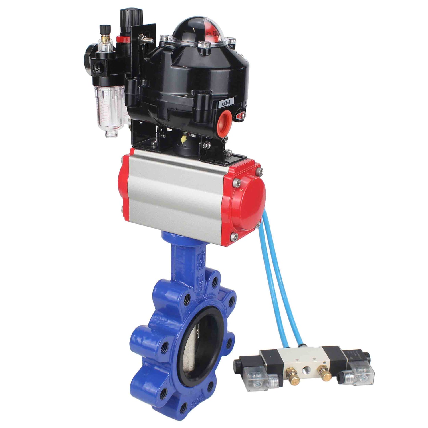 Vanne papillon d'eau Elephant WBV1616E-2W-Fb-H, matériau du corps - fonte QT450, matériau du disque - fonte QT450, joint - EPDM, actionneur pneumatique PA-DA double action, 4V320-08 220V, BKV APL-510N EX, BPV AFC2000