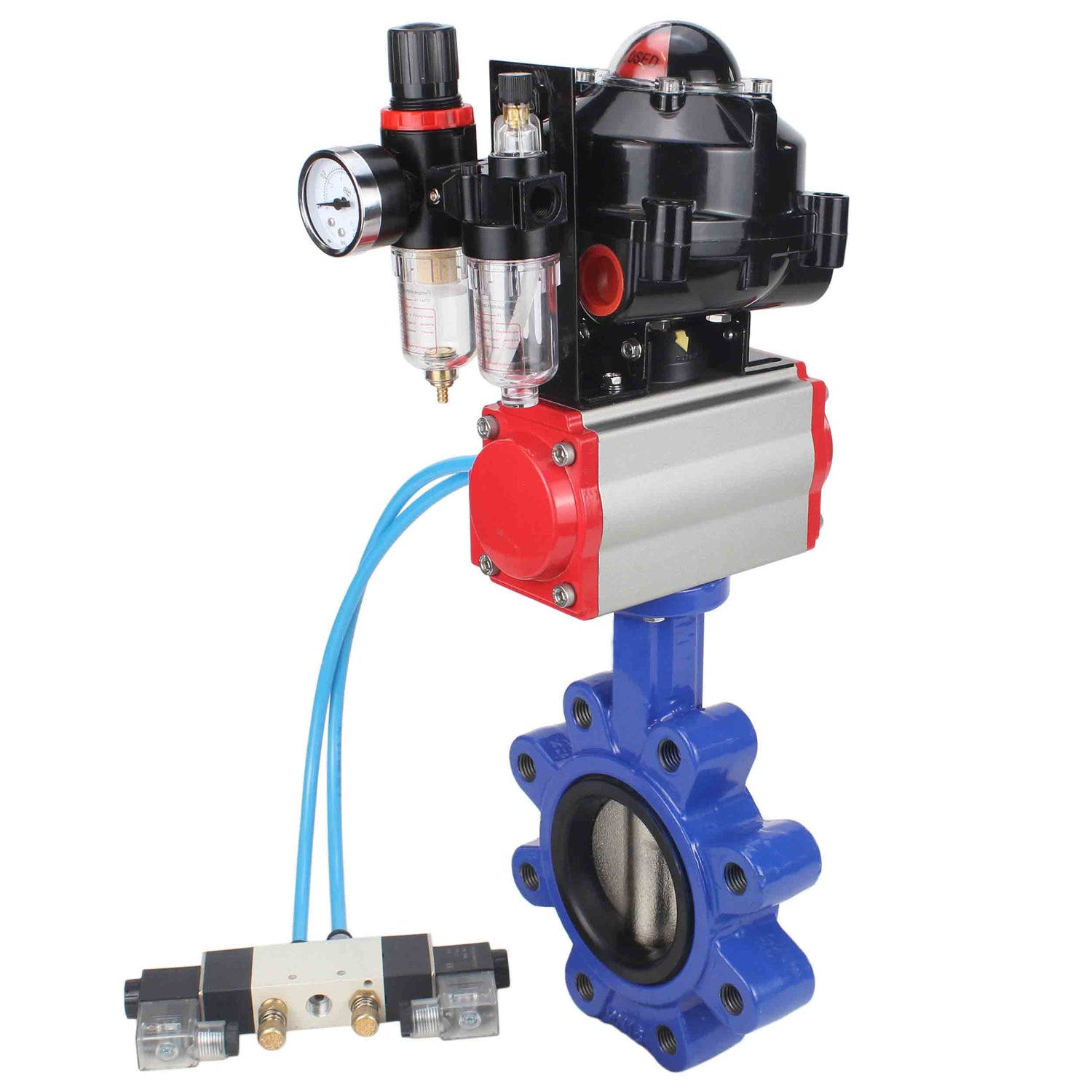 Vanne papillon d'eau Elephant WBV1616N-2W-Fb-H, matériau du corps - fonte QT450, matériau du disque - fonte QT450, joint - NBR, actionneur pneumatique PA-SA avec ressorts de rappel, 4V320-08 220V, BKV APL-510N EX, BPV AFC2000