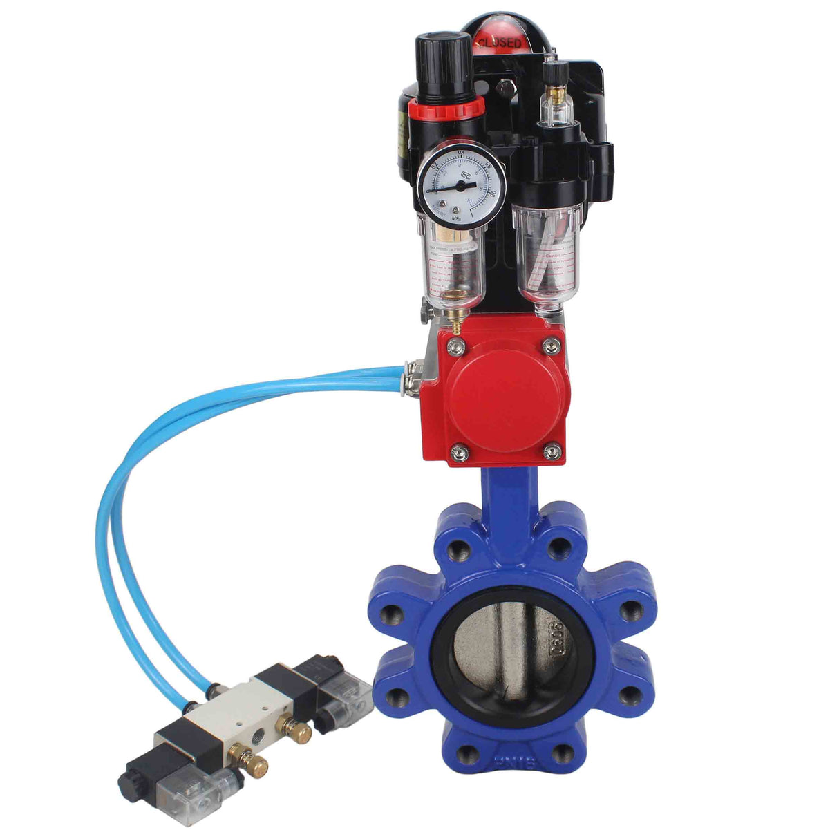 Vanne papillon d'eau Elephant WBV1616N-2W-Fb-H, matériau du corps - fonte QT450, matériau du disque - fonte QT450, joint - NBR, actionneur pneumatique PA-DA double action, 4V320-08 220V, BKV APL-510N EX, BPV AFC2000