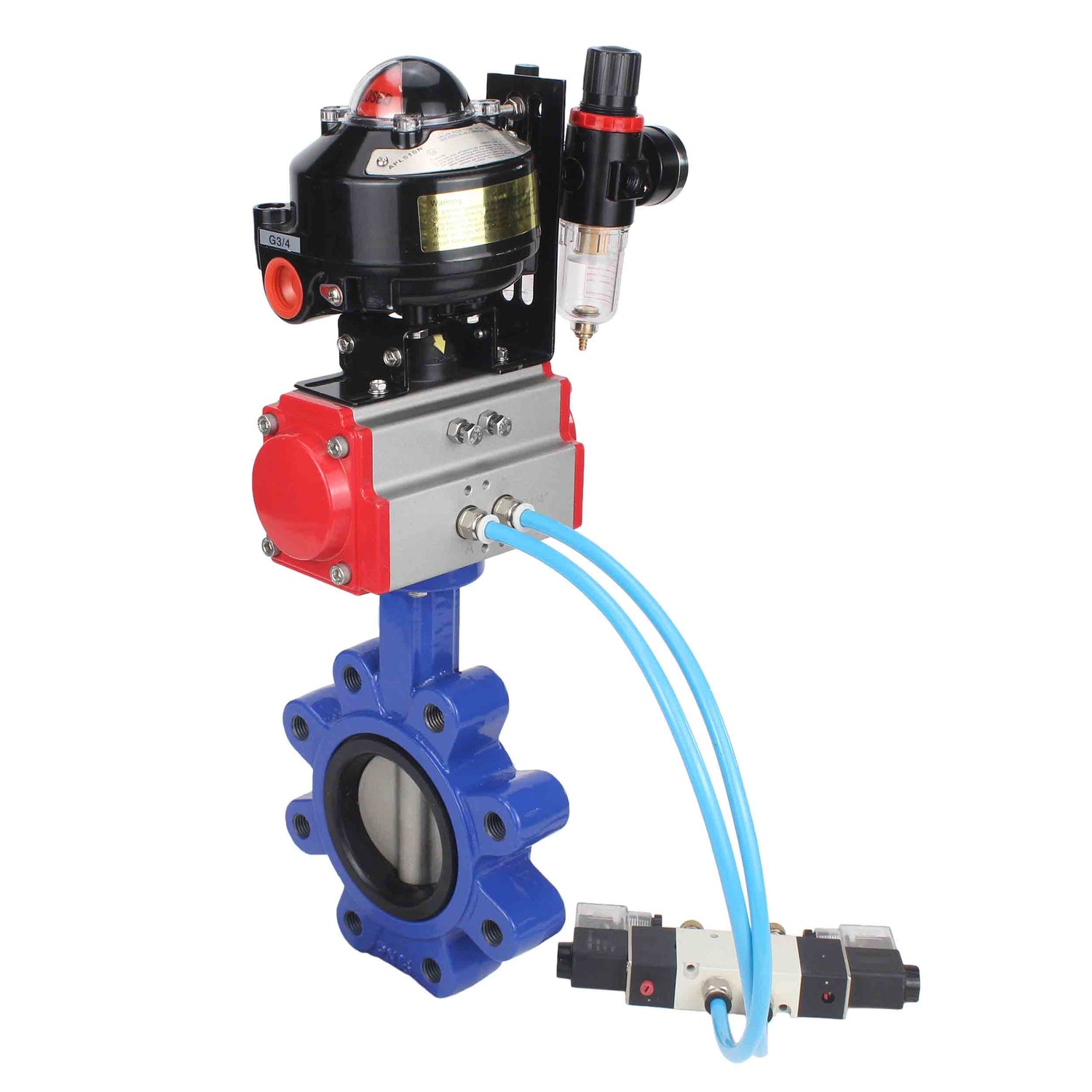 Vanne papillon d'eau Elephant WBV1631N-2W-Fb-H, matériau du corps - fonte QT450, matériau du disque - acier inoxydable AISI 304, joint - NBR, actionneur pneumatique PA-SA avec ressorts de rappel, 4V320-08 220V, BKV APL-510N EX, BPV AFC2000