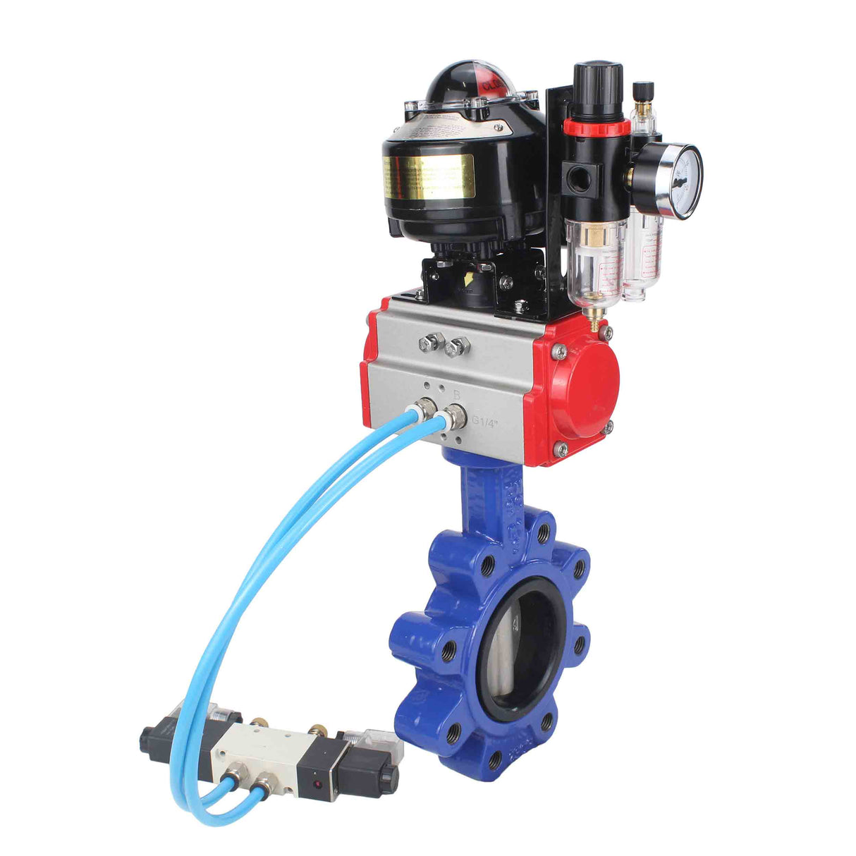 Vanne papillon d'eau Elephant WBV1631N-2W-Fb-H, matériau du corps - fonte QT450, matériau du disque - acier inoxydable AISI 304, joint - NBR, actionneur pneumatique PA-SA avec ressorts de rappel, 4V320-10 220V, BKV APL-510N EX, BPV AFC2000
