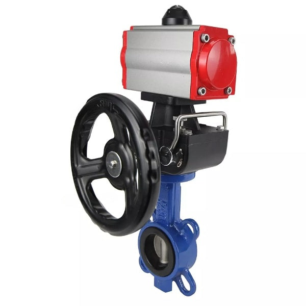 Vanne papillon d'eau Elephant WBV3432V-2W-Fb-H, matériau du corps - acier au carbone, matériau du disque - acier inoxydable AISI 316L, joint - Viton, avec actionneur pneumatique double effet PA-DA, 4V320-08 220V, volant MON