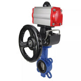 Vanne papillon d'eau Elephant WBV3432V-2W-Fb-H, matériau du corps - acier au carbone, matériau du disque - acier inoxydable AISI 316L, joint - Viton, avec actionneur pneumatique double effet PA-DA, 4V320-08 220V, volant MON
