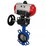 Vanne papillon d'eau Elephant WBV3432V-2W-Fb-H, matériau du corps - acier au carbone, matériau du disque - acier inoxydable AISI 316L, joint - Viton, avec actionneur pneumatique double effet PA-DA, 4V320-08 220V, volant MON
